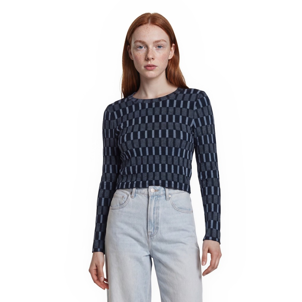 Madewell Knit Crop Sweater Top Womens Size Medium Blue Black Checkerboard Crew